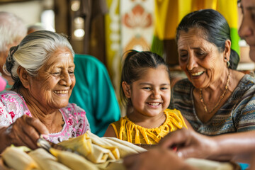 A Mexican family sharing laughter and stories around a table laden with tamales and tacos, embracing the joy of togetherness. Concept of cultural cuisine and familial warmth. Generative Ai.