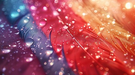 Wall Mural -   A close-up image of a red, blue, and yellow feather adorned with water droplets