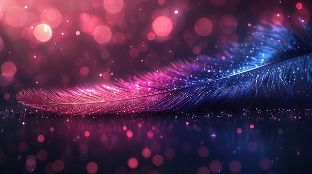   A close-up photo of a purple and blue feather on a dark background with pink and purple light effects in the backdrop