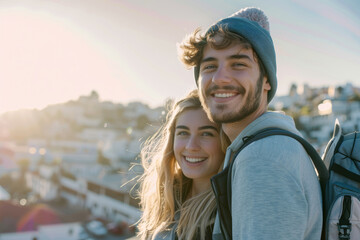 Canvas Print - A happy abrosexual couple exploring a new city together, delighting in the adventure of discovery and the thrill of experiencing new cultures. Generative Ai.