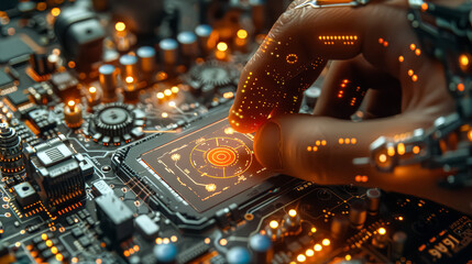 Poster - A hand is touching a computer chip. The chip is glowing orange. Concept of curiosity and fascination with technology