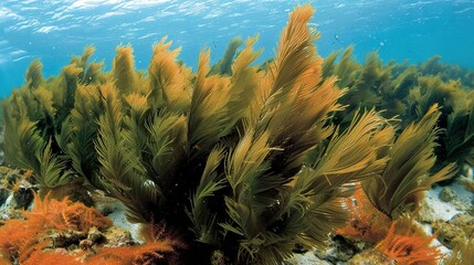 Wall Mural -   Underwater seaweed and coral reef view with blue water and sunbeams
