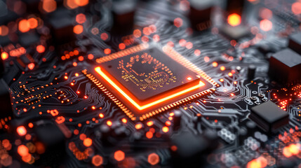 Poster - A computer chip with a glowing red center. The chip is surrounded by a black background. Concept of technology and innovation