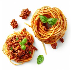 Wall Mural - Spaghetti bolognese bundle, side and top view, white background, Italian food collection