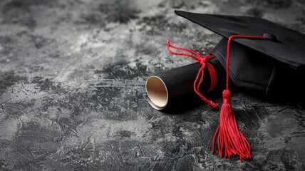 Wall Mural - Graduation cap and diploma with red tassel on textured background