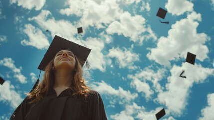 Wall Mural - Young woman in graduation cap and gown, looking up as hats are thrown into sky