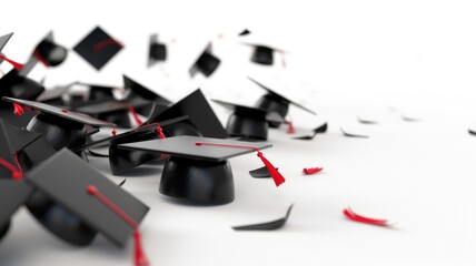 Wall Mural - Black graduation caps with red tassels in celebration
