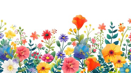 Vector horizontal seamless border with small bright colorful flowers and leaves on a white background.
