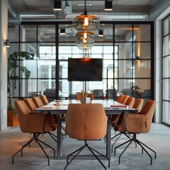 A large conference room with a long table and many chairs. The chairs are orange and the table is made of wood. The room is well lit and has a modern, professional feel