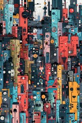 Wall Mural - Living A bustling city filled with colorful, abstract life forms