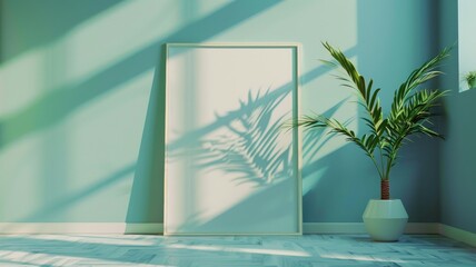 Wall Mural - Minimalist interior with blank frame, sunlight, and potted plant casting shadows