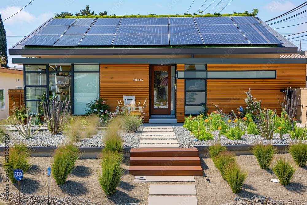 Picture of : A modern eco-friendly urban home with solar panels, a living green ...