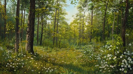 Wall Mural -   A painting of a lush forest filled with numerous trees and vibrant white blossoms in the foreground, set against a serene blue backdrop