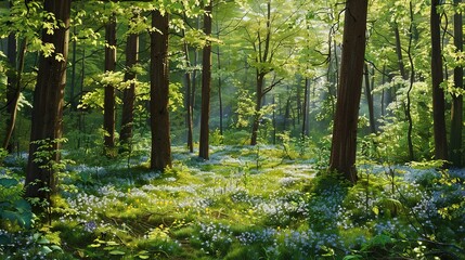Wall Mural -   A vibrant depiction of a verdant woodland adorned with azure bluebells and diverse flora in the foreground, surrounded by majestic trees in the distance