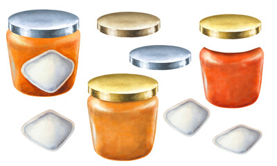 Glass jars sealed with gold, silver, bronze lids contain apricot jam. Watercolor illustration for template design of sweet harvest, summer fruits, juices, canned food, marmalade and sweets