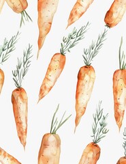 Wall Mural - Fresh Carrot Watercolor Pattern Paper l Orange Color Cute Vegetable Healthy Design Wallpaper l Pastel Colour Image art on White Background l Juicy Carrots Health food Eat