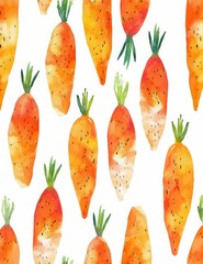 Wall Mural - Fresh Carrot Watercolor Pattern Paper l Orange Color Cute Vegetable Healthy Design Wallpaper l Pastel Colour Image art on White Background l Juicy Carrots Health food Eat