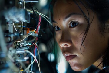 Aufkleber - The image captures a person surrounded by wires and electronic components, possibly working on a computer or a technical project