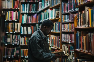 Poster - A person stands among tall bookshelves, reading a book in a library with an array of colorful book spines in the background