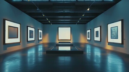 Poster - An elegantly designed modern art gallery with carefully placed paintings and an illuminated central piece