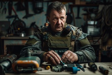 Fototapete - A skilled craftsman concentrates on fixing an electronic device in a workshop full of various tools