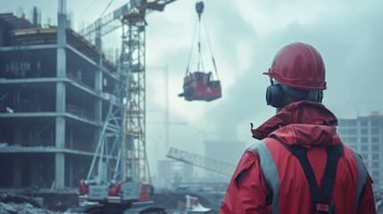 Wall Mural - Professional civil engineer looking crane working and lifting box at construction site. Portrait of skilled industrial worker wearing hard hat or safety helmet managing and checking at site. AIG42.