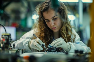 Fototapete - an attentive female researcher fixes electronics in a scientific laboratory