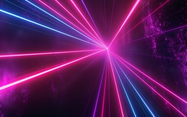 Vibrant neon laser beams converging in a dark space.