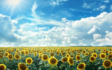 Expansive sunflower field under a vivid blue sky with fluffy clouds.