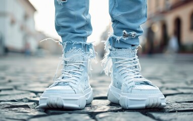 Frayed light blue jeans and chunky white sneakers on a paved street.