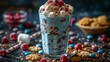© piumi - Crazy milk shake with ice cream,whipped cream, marshmallow,cookies and colored candy in glass.