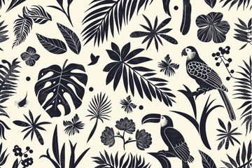 Wall Mural - Vector seamless tropical pattern with jungle  animals, birds, flowers and leaves on light background. set vector icon, white background, black colour icon