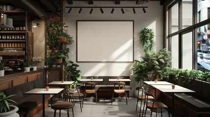 Wall Mural - A large whiteboard hangs on a wall in a cozy modern coffee shop with wooden tables and chairs.