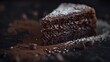 © Atmospheric stock - A close-up of a decadent chocolate cake slice, rich texture, dusted with powdered sugar, on a dark background with moody lighting, detailed texture focus
