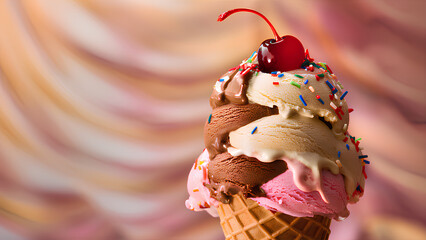 A mouthwatering, cinematic image of a scrumptious ice cream cone