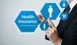 © SHI - Health insurance,Businessman touching on virtual screen with text 'Health insurance', hexagon and icons of business,  personal accident, medical,  farm setting. formal wear concept for money bad resol