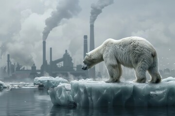 Wall Mural - Stranded polar bear on a melting iceberg with distant industrial smokestacks, illustrating climate change impact on wildlife