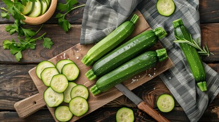 Mini Zucchinis on rustic wooden board with napkin and knife. Top View