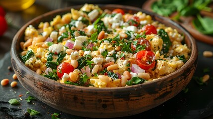 Wall Mural - Fresh vegetable salad with scrambled eggs, cherry tomatoes, spinach, and feta cheese in wooden bowl