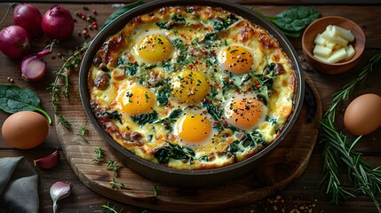 Wall Mural - Spinach and Egg Casserole with Fresh Herbs and Onions in Cast Iron Skillet on Wooden Board