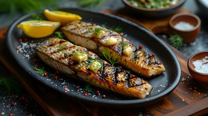Wall Mural - Grilled Salmon Fillets with Fresh Dill, Lemon Wedges, and Butter on Black Plate, Gourmet Seafood Dinner with Herb Garnish