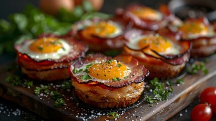 Wall Mural - Bacon wrapped egg cups with crispy edges, garnished with black pepper and parsley on wooden board