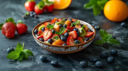 Wall Mural - Fresh Fruit Salad with Strawberries, Blueberries, Kiwi, and Mint Garnish on Dark Surface