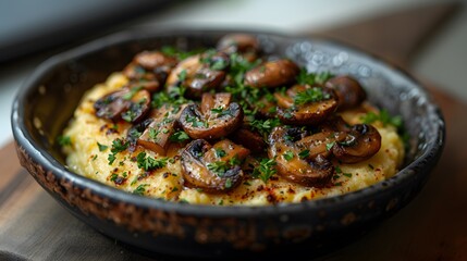 Wall Mural - Creamy Polenta with Saut�ed Mushrooms and Fresh Parsley in Rustic Black Bowl on Wooden Surface
