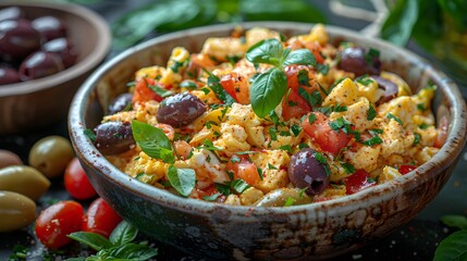 Wall Mural - Mediterranean scrambled eggs with olives, tomatoes, and fresh basil in rustic bowl