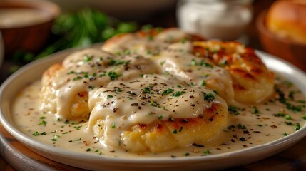 Wall Mural - Savory dish of potato gnocchi covered in creamy cheese sauce with sprinkle of fresh herbs