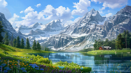 Wall Mural - a serene mountain lake nestled among towering peaks, their snow-capped summits piercing the clear blue sky? In the foreground, colorful wildflowers dot the lush green meadows