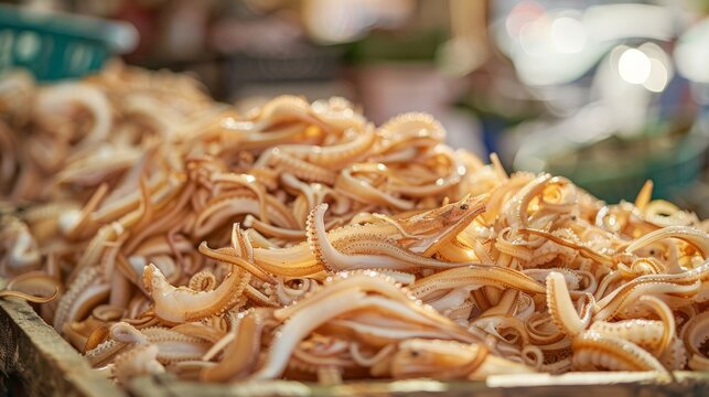 A pile of dried squid arranged neatly on a market stall, highlighting their golden-brown color and rustic appeal.