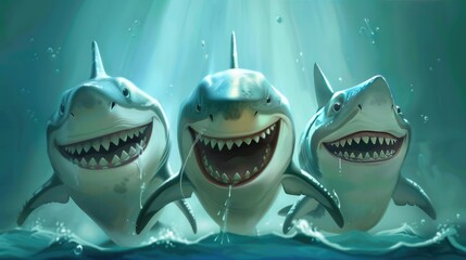 Wall Mural - Three funny laughing sharks.