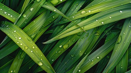 Wall Mural - Close-up of vibrant green grass blades, dewdrops glistening in the early morning sunlight, creating a refreshing scene.